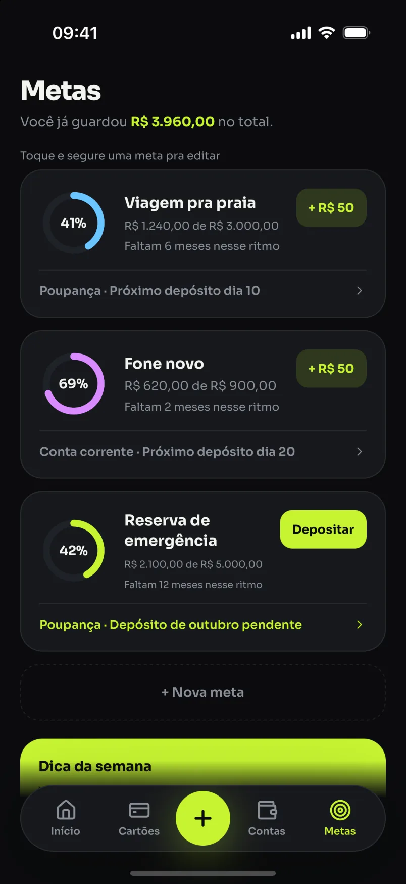 Tela de metas do Kash com o progresso de cada meta e quanto falta